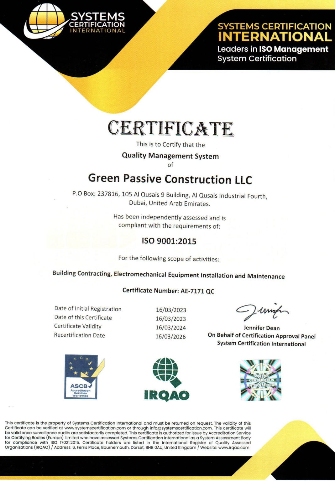 Certifications & Approvals – Green Passive